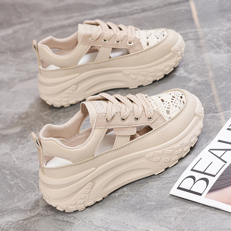 夏季镂空增高老爹鞋女2025爆款百搭网面透气凉鞋薄款轻便厚底板鞋
