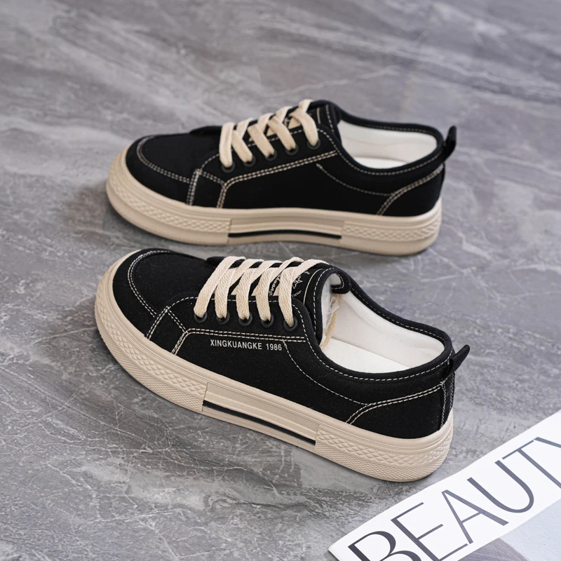 2025春季新款帆布鞋女平底百搭运动休闲女鞋学生软底舒适黑色布鞋