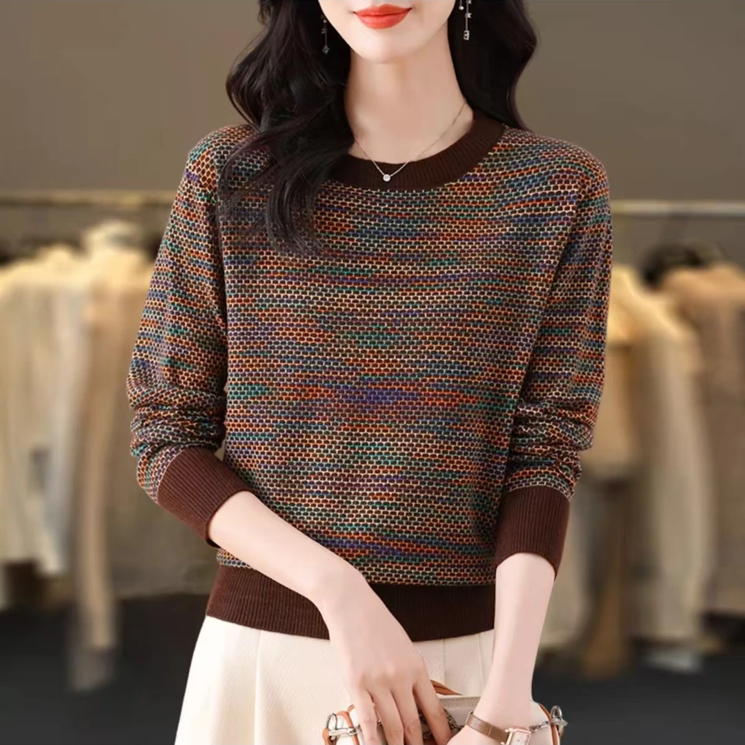 春季新款洋气女拼色针织打底衫时尚圆领圆领毛衫长袖百搭