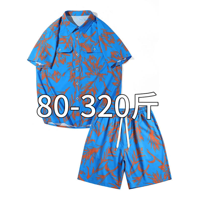 夏威夷风衬衫套装男夏季加肥加大度假休闲短袖短裤海边沙滩花衬衣