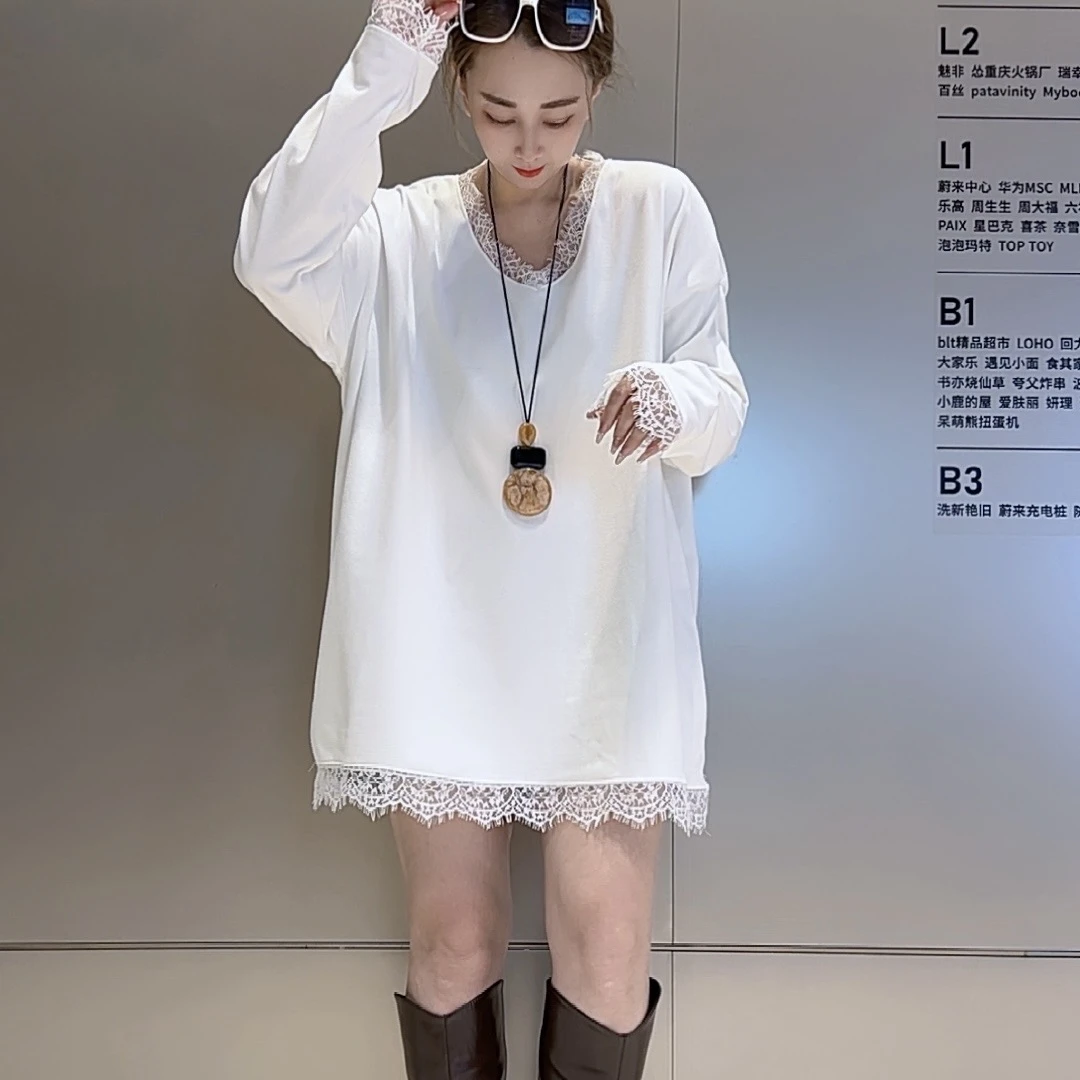 【艾艾223】双面德绒宽松版型蕾丝拼接中长款上衣