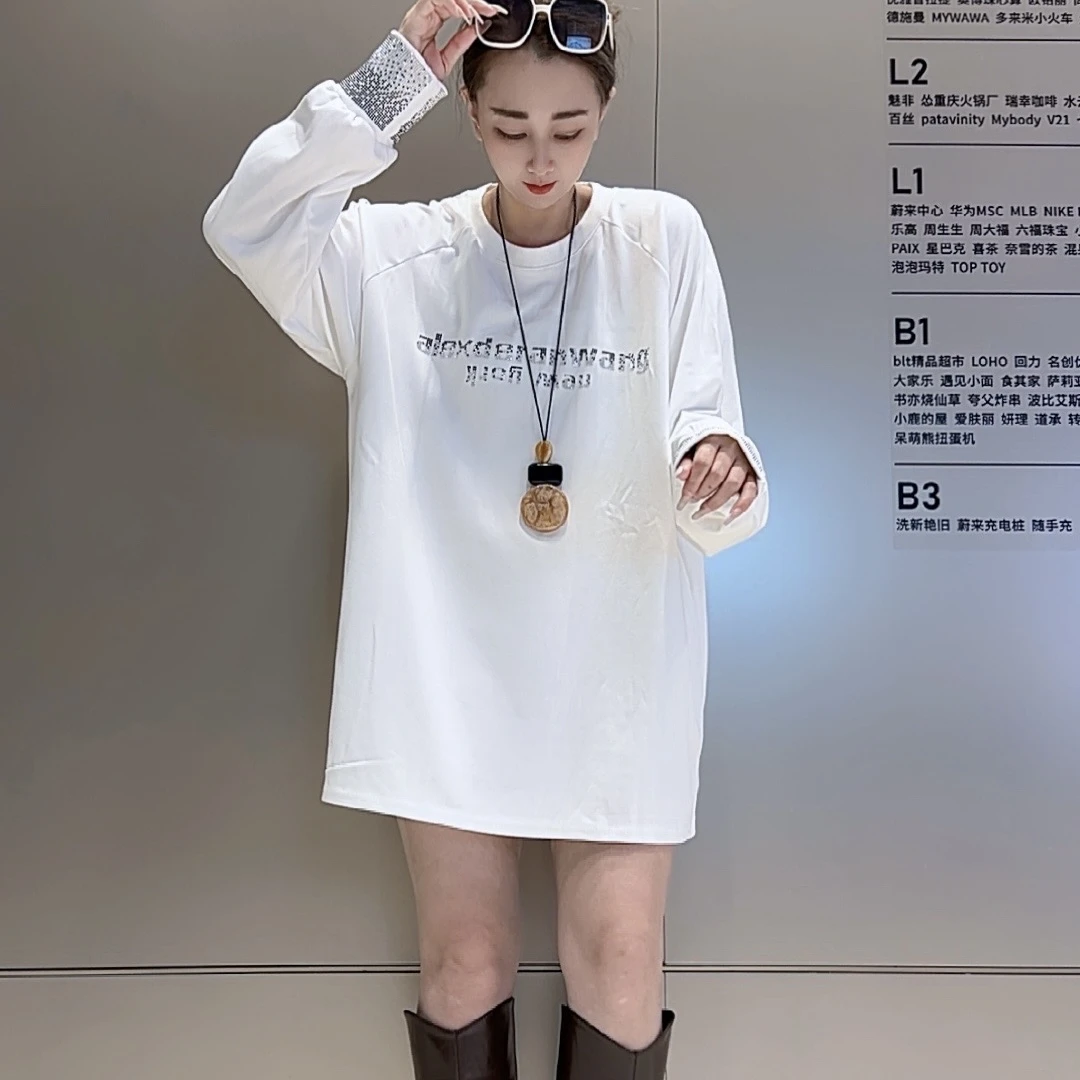 【艾艾219】重工烫钻德绒圆领T恤宽松版型插肩袖中长款