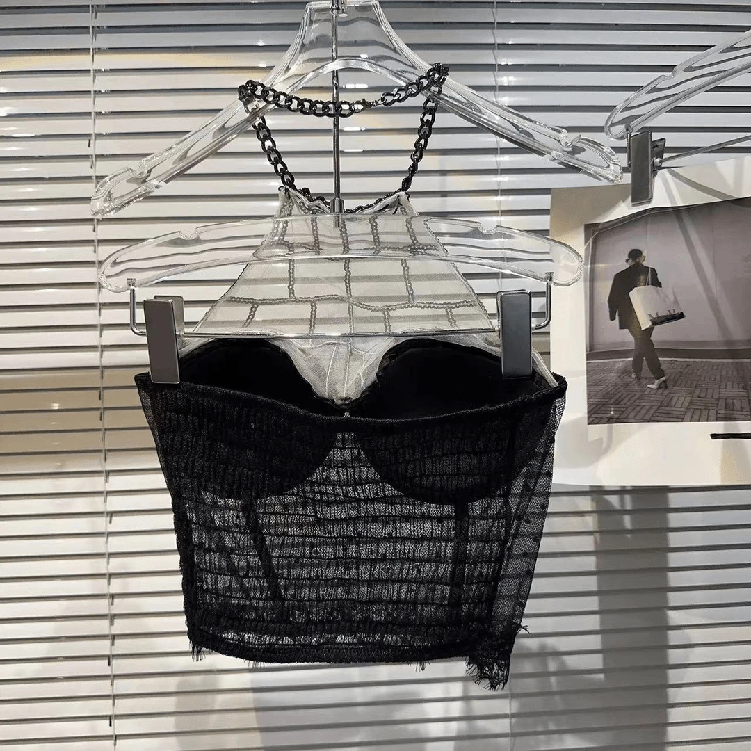 辣妹性感网纱吊带背心女夏季黑色露背亮片挂脖内搭短款上衣外穿