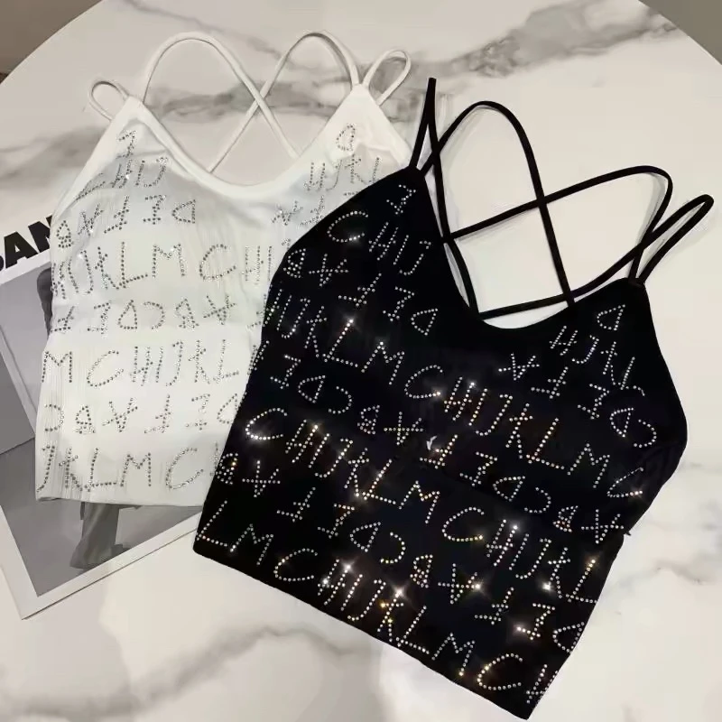 性感深v字母外穿小吊带背心女夏季2024新款修身中长镶钻内搭上衣