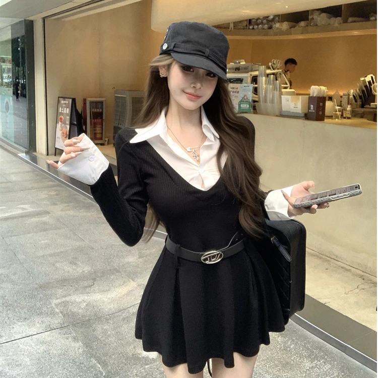 HL林熙家【无人之境】辣妹风假两件设计感少女减龄时尚小个子收腰秋