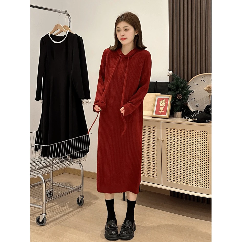 针织连衣裙打底长款内搭秋冬新款配大衣女慵懒卫衣宽松毛衣裙连帽