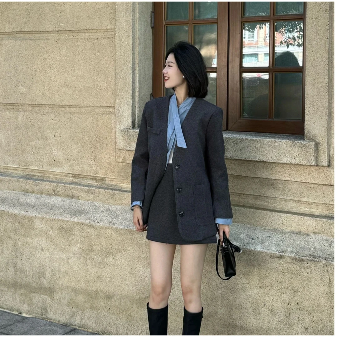 福桃推荐秋冬新款韩版宽松毛呢夹棉外套＋高腰半身裙两件套装女款