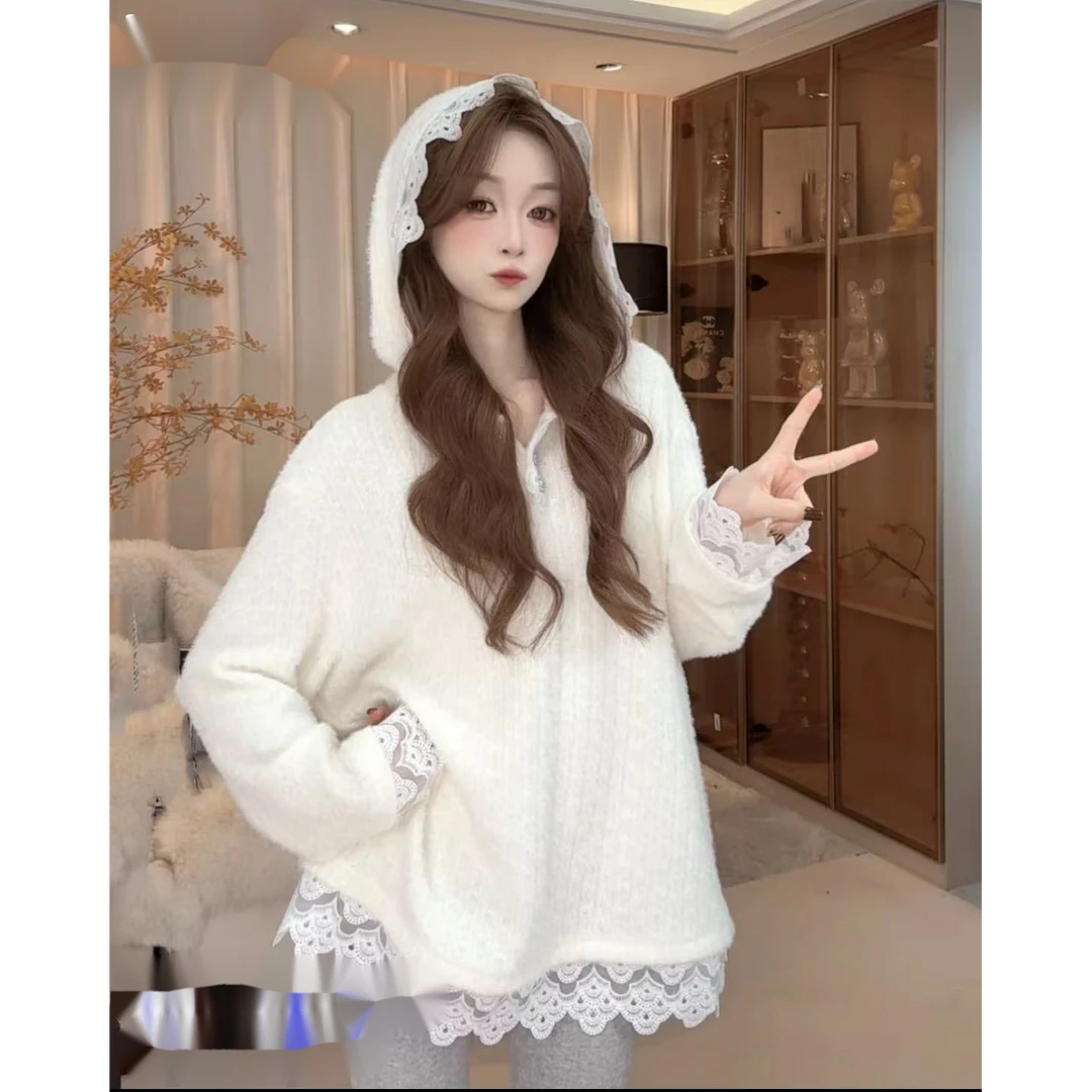 蓉蓉专属2024冬季欧货蕾丝白色连帽气质新款衬衣冷淡长袖上衣纯色