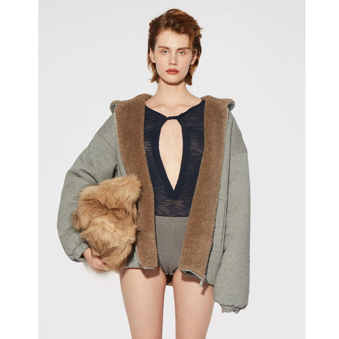 CPLUS SERIES设计师品牌灰色毛里连帽外套DSC买手店C124D0741702