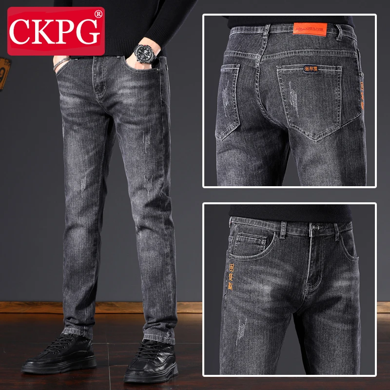 CKPG2025春秋新款男牛仔裤子男修身小直筒弹力刺绣休闲韩版牛仔裤