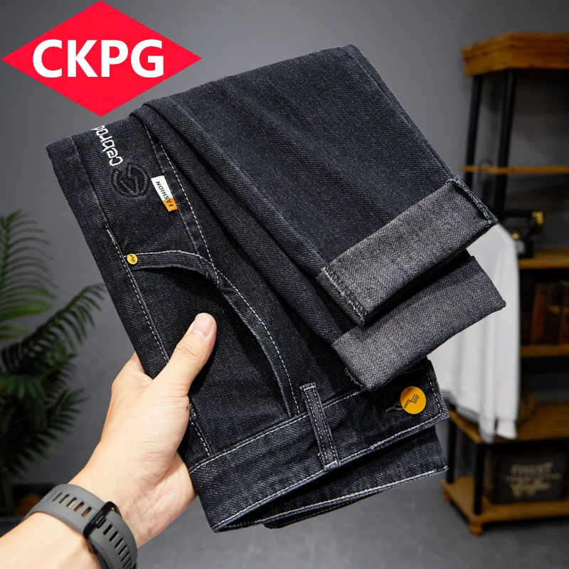 CKPG新款春秋刺绣男牛仔裤弹力修身青年高端小直筒潮流男士牛仔裤
