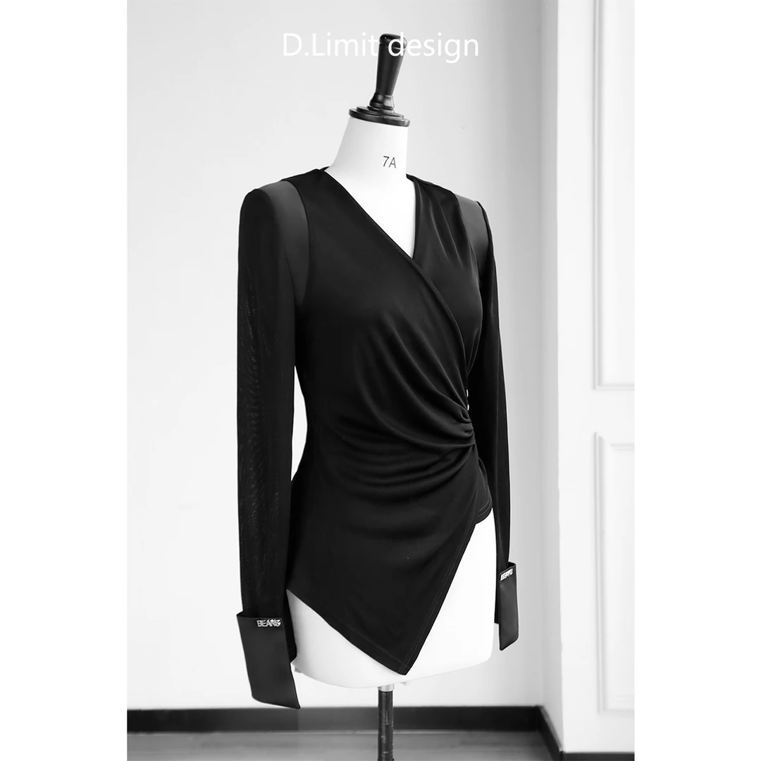 【D.Limit design】纸片人/简约V领侧拉链收腰长袖T恤女装