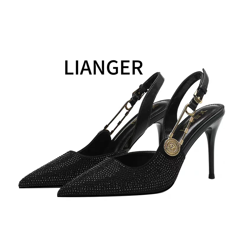 2023新款尖头细跟法式气质水钻高跟鞋女黑色金属一字带扣单鞋秋季
