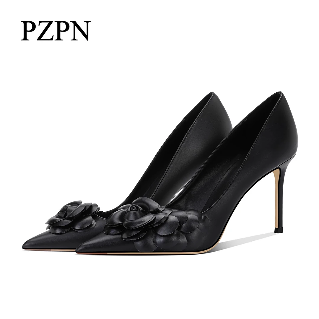 爆款真皮黑色山茶花高跟细跟鞋2024新款小众尖头法式气质单鞋百搭