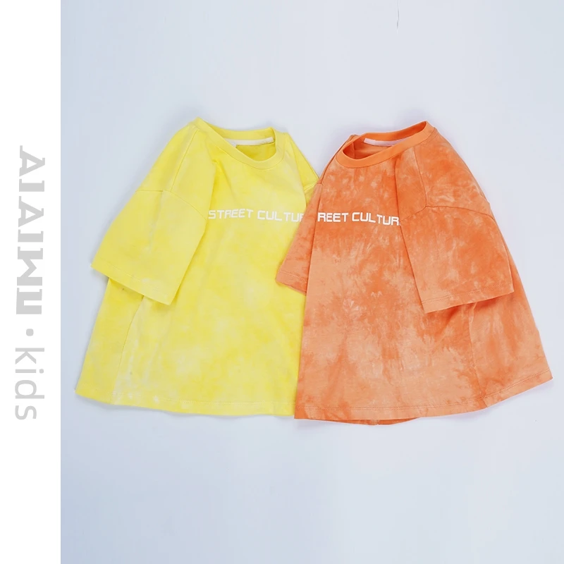 艾艾屋男童上衣2024夏季新品大童女孩中性圆领短袖T恤扎染KNSD90