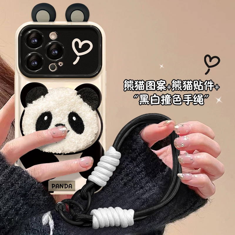 大个熊猫苹果华为vivo/oppo小米翻盖镜子大视窗iPhone15pro手机壳