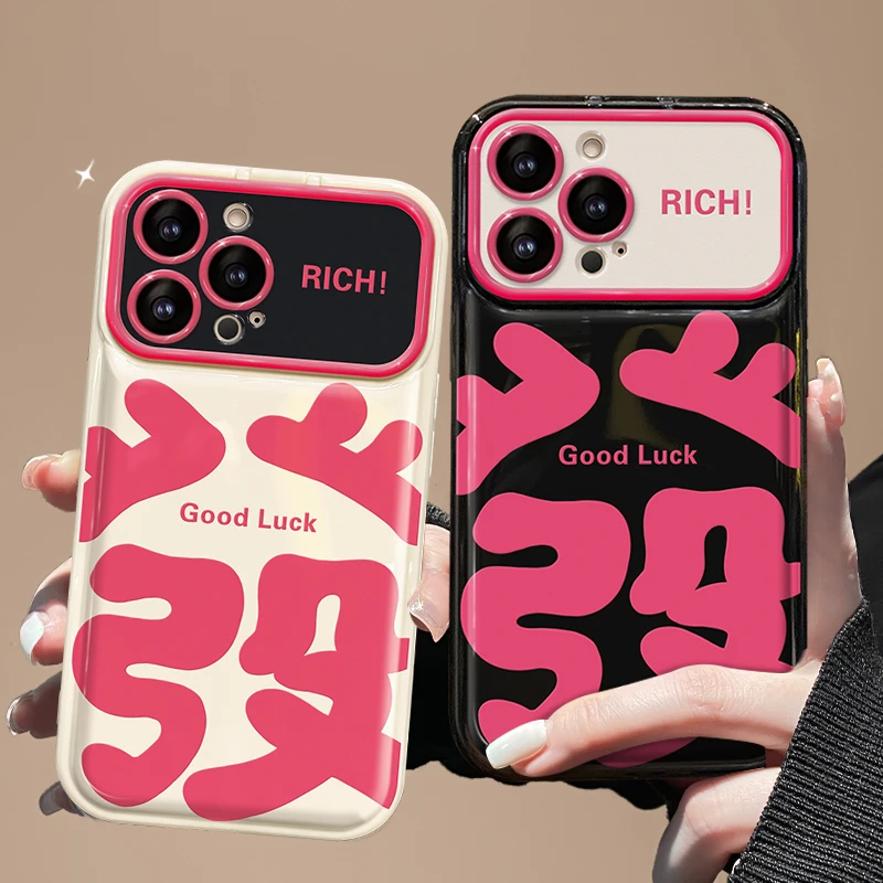 玫红大字发苹果15iPhone14promax新款13翻盖镜子大视窗创意手机壳