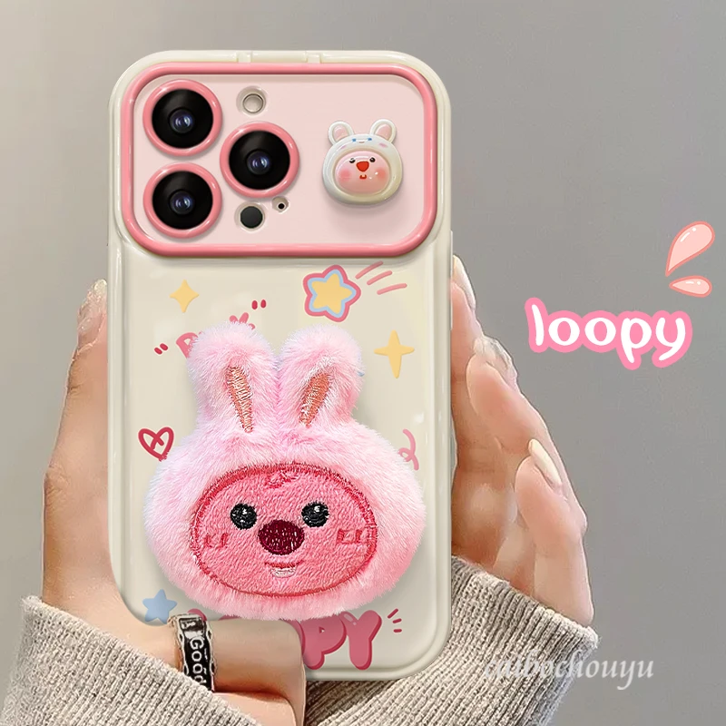 毛绒兔头海狸苹果华为vivo小米oppo翻盖镜子大视窗iPhone15手机壳