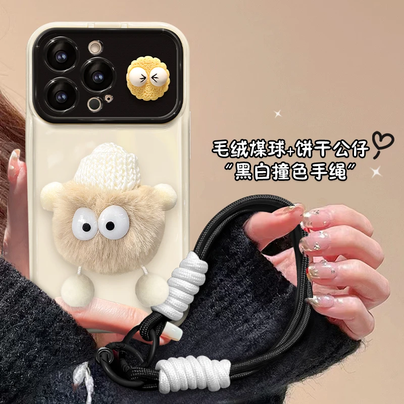 毛绒煤球苹果14华为vivo小米oppo翻盖镜子大视窗iPhone15手机壳
