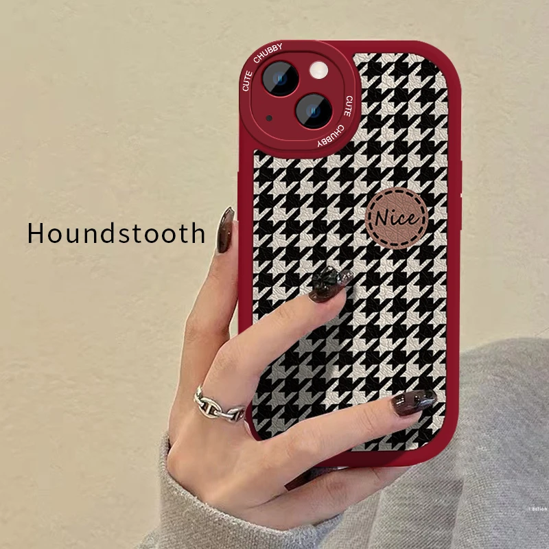【适用于苹果/华为/vivo/oppo/小米】黑红千鸟格皮纹手机壳