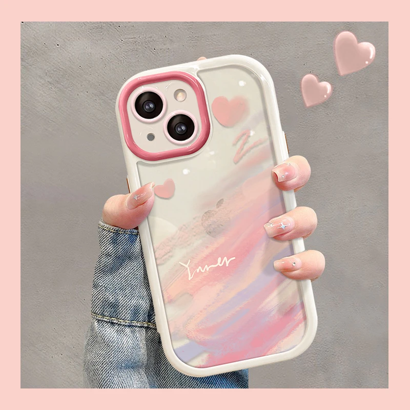 多色晕染爱心苹果14手机壳iPhone13新款奶油壳12女Max超薄14P防摔