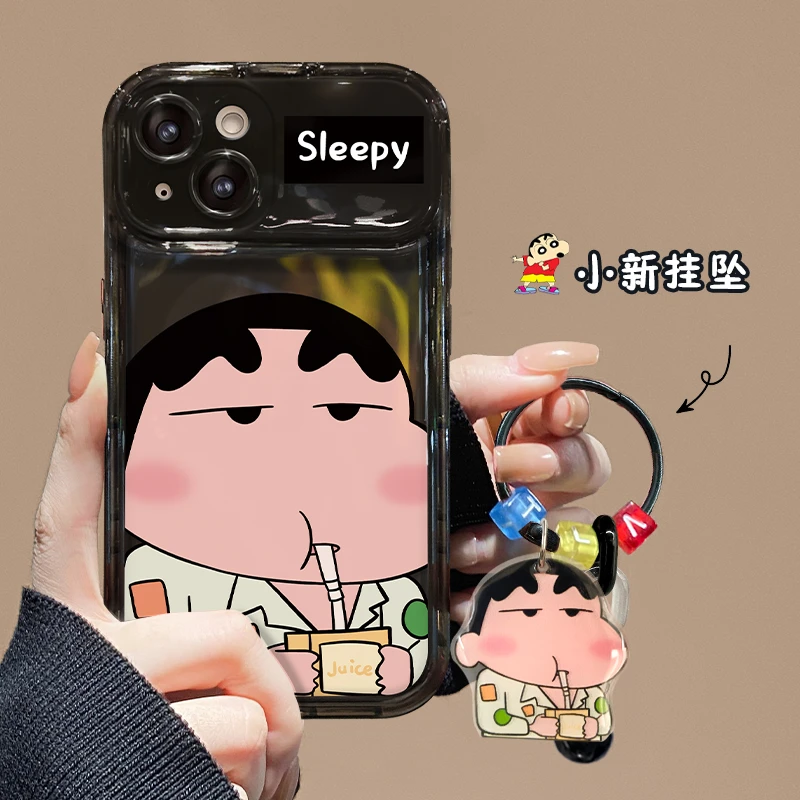 小新喝奶茶挂坠苹果/华为/vivo/oppo/小米翻盖镜子iPhone15手机壳