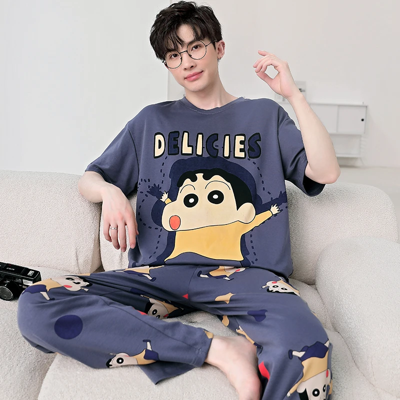 蜡笔小新春夏季睡衣男短袖长裤纯棉学生加肥加大码青少年家居服