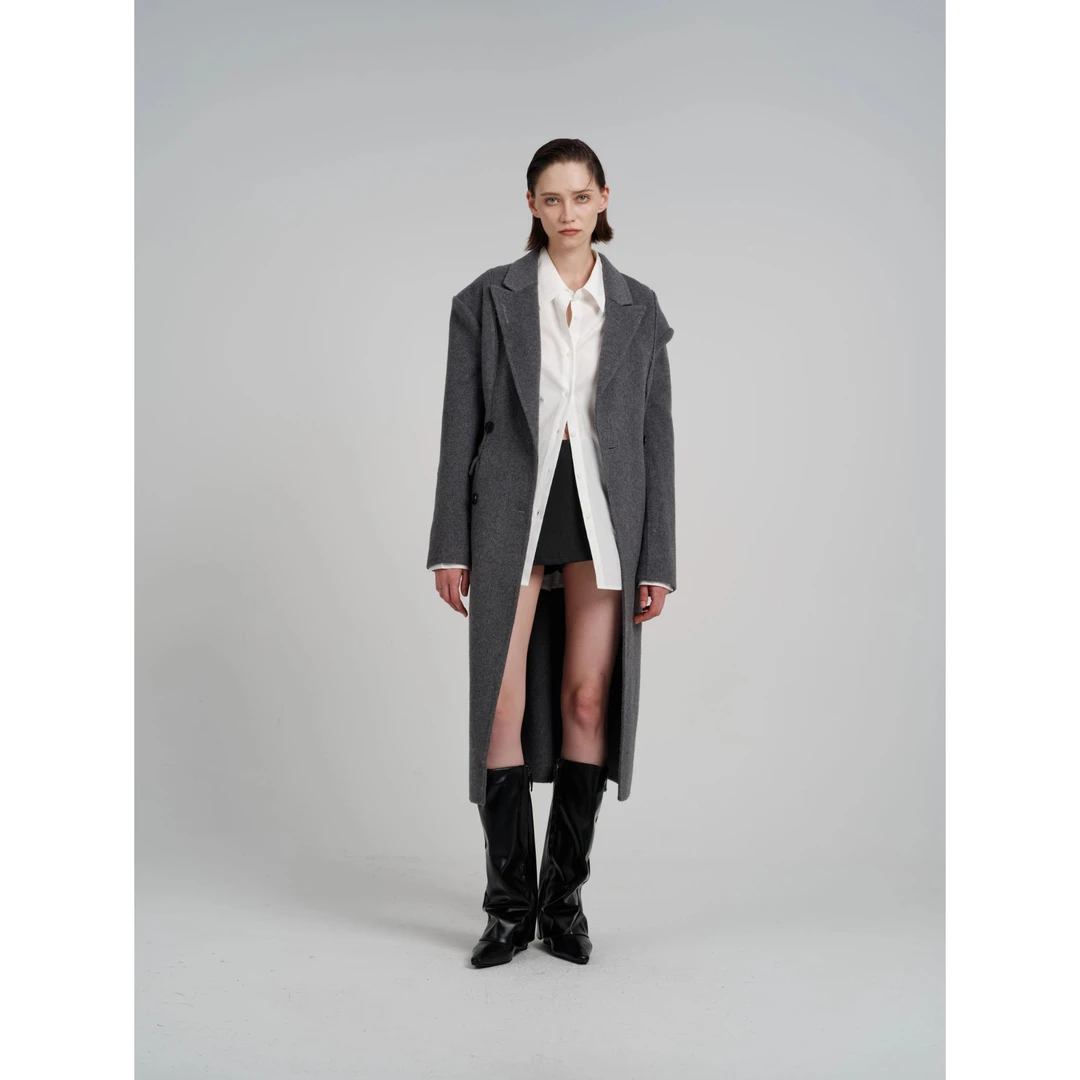 JOHNNYWU经典翻领枪驳领廓形收腰垫肩双面长款大衣