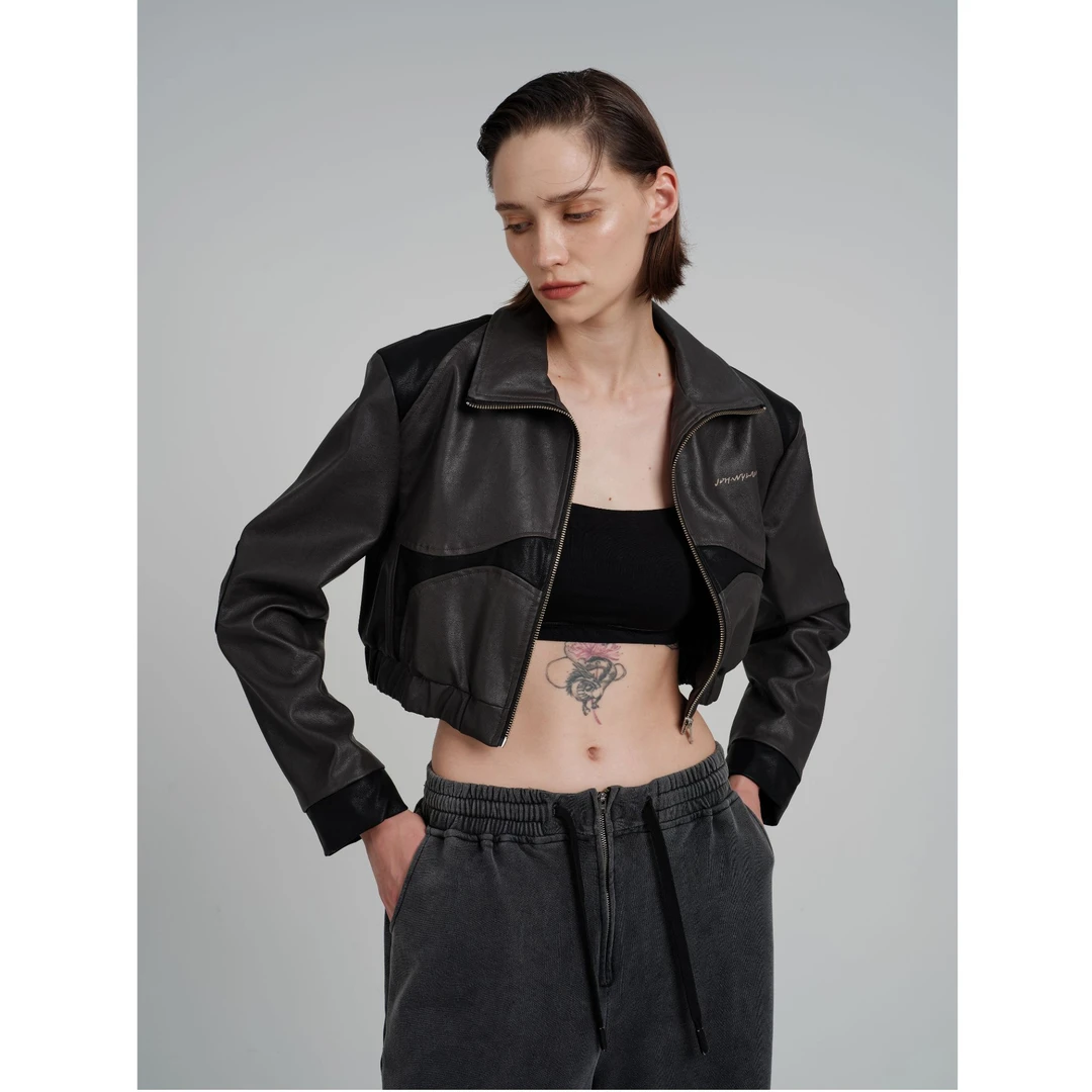 JOHNNYWU经典翻领黑灰拼接修身短款皮衣夹克外套