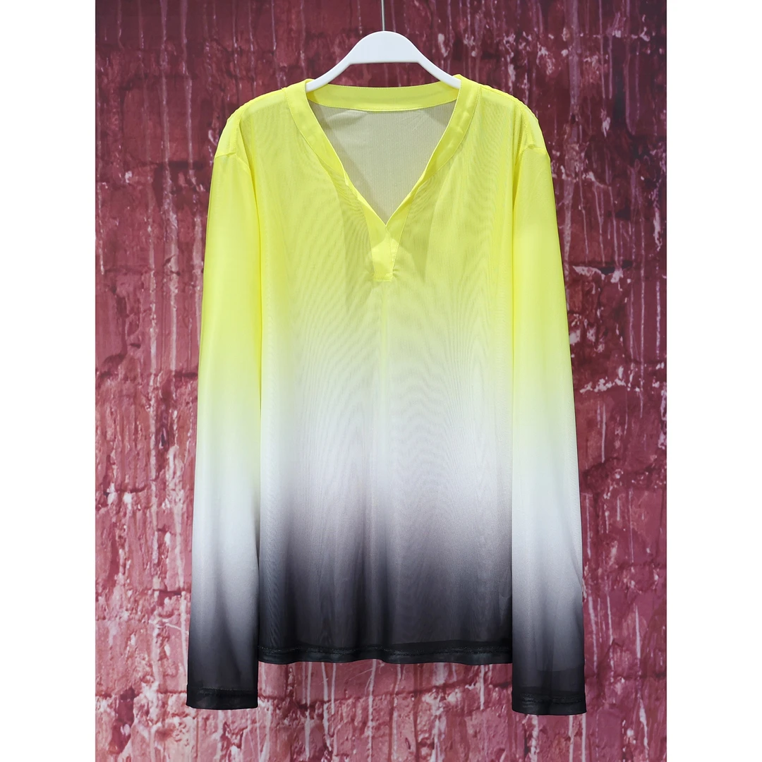 【韩哥女装】夏季青柠黄渐变轻薄透气时尚冰丝气质轻奢阔版网纱3591