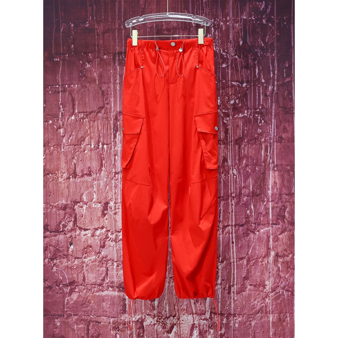 【韩哥女装】2024夏季红色旅行款露营美式休闲感束腿工装裤 3190