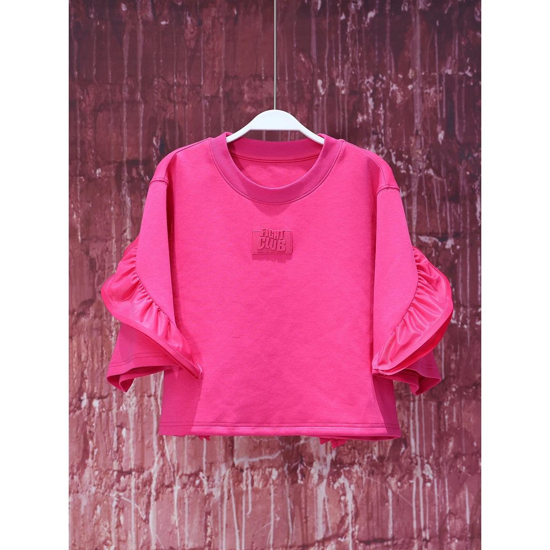 【韩哥女装】夏洋红色拼接花边休闲轻薄透气时尚优雅气质短袖3389A