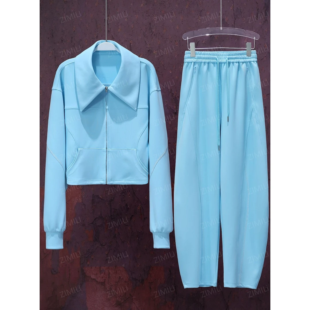 【韩哥女装】2024秋季小众设计师套装欧版时尚休闲湖天蓝色套装3116