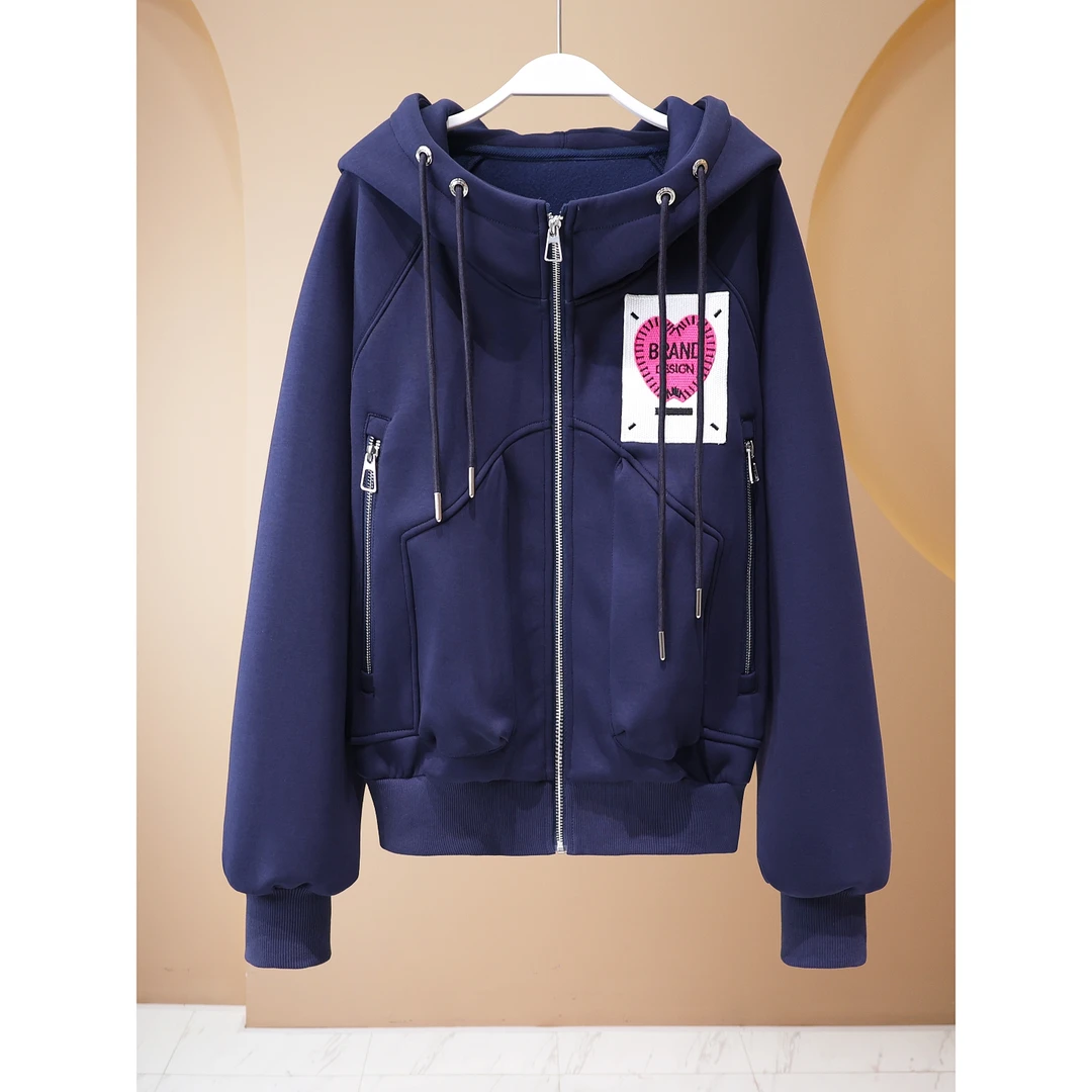 【韩哥女装】秋季藏青色加绒贴布立体刺绣造型感连帽外套5193A