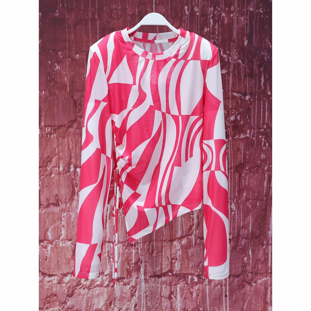 【韩哥女装】夏季胭脂红抽象线条不规则下摆小众设计艺术感网纱3889