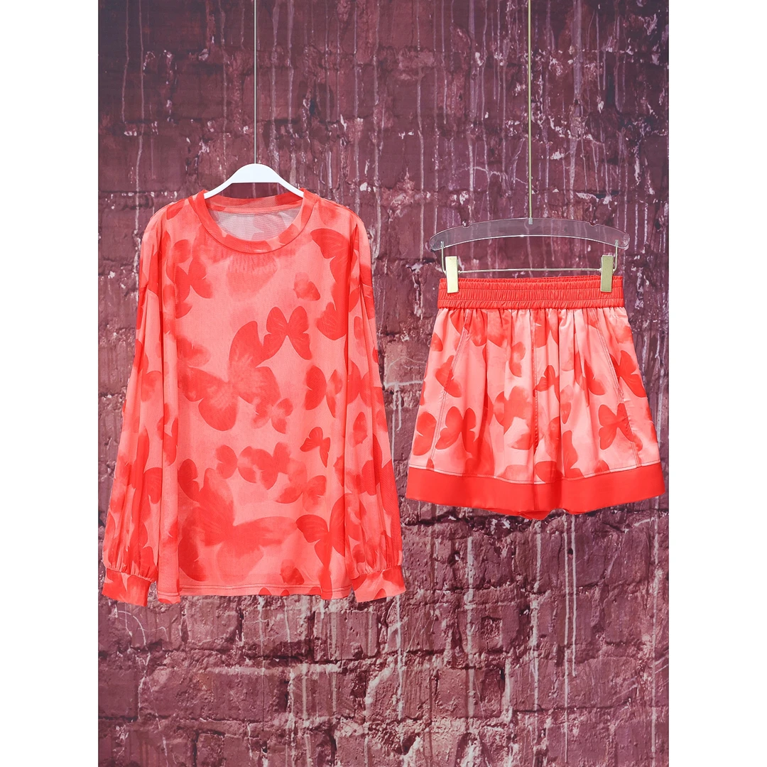 【韩哥女装】枫叶红蝴蝶满印轻薄感长袖冰丝潮流短裤防晒套装 /3527