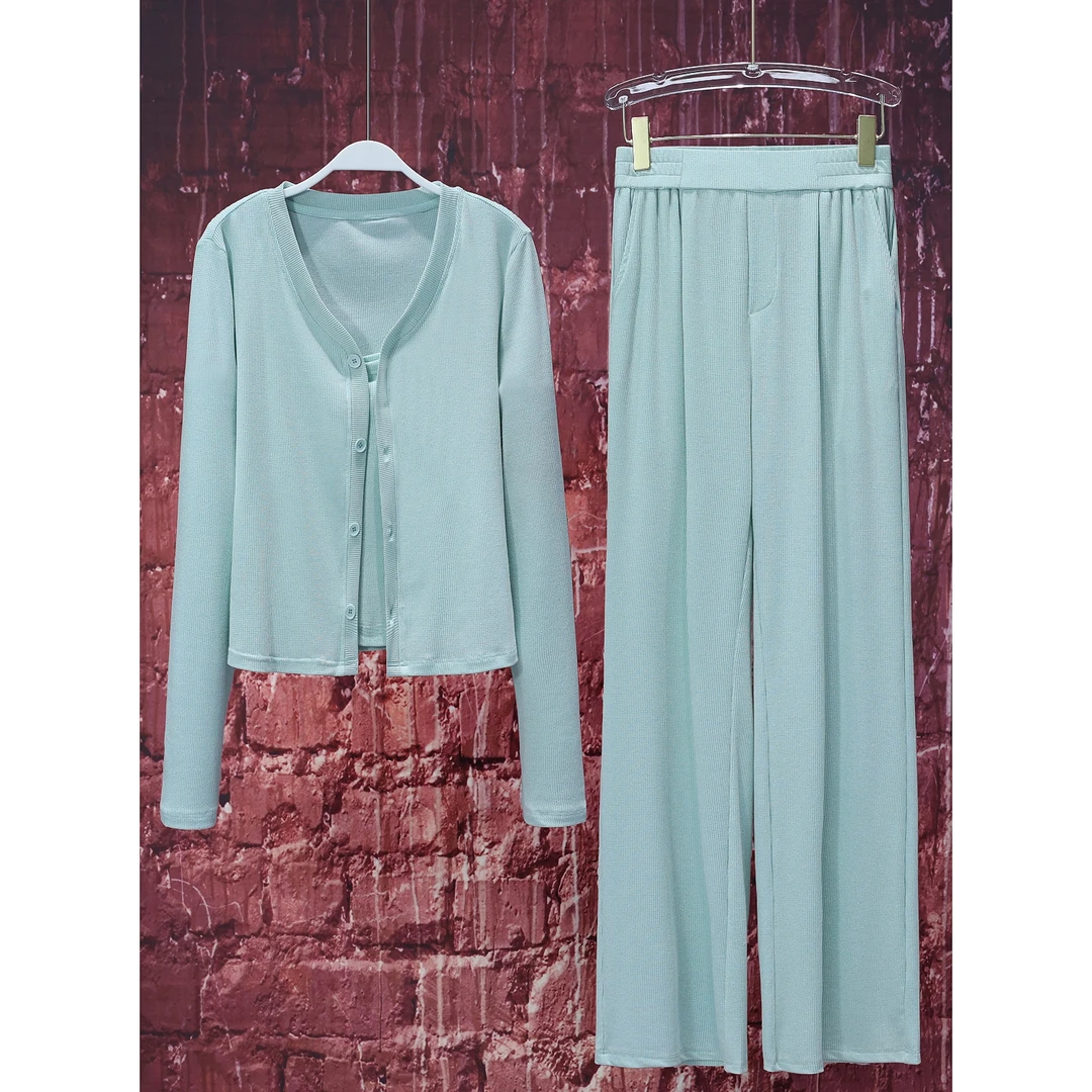 【韩哥女装】2024夏季轻薄冰丝小众设计薄荷绿极简风三件套3258