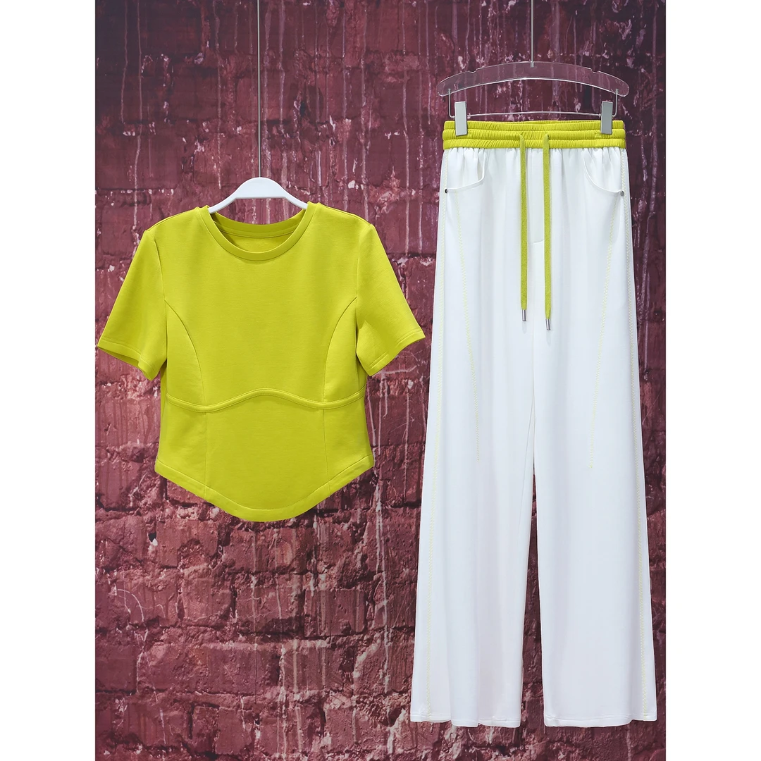 【韩哥女装】夏季秋黄绿气质短袖运动时尚简约修身显瘦休闲套装3667