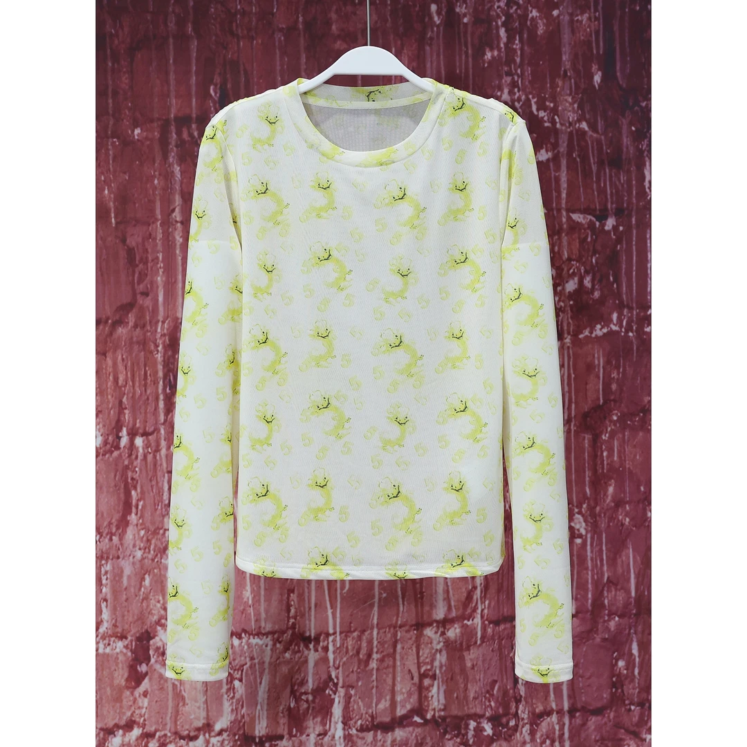 【韩哥女装】夏季青柠黄小龙满印花减龄风修身长袖显瘦网纱上衣3503