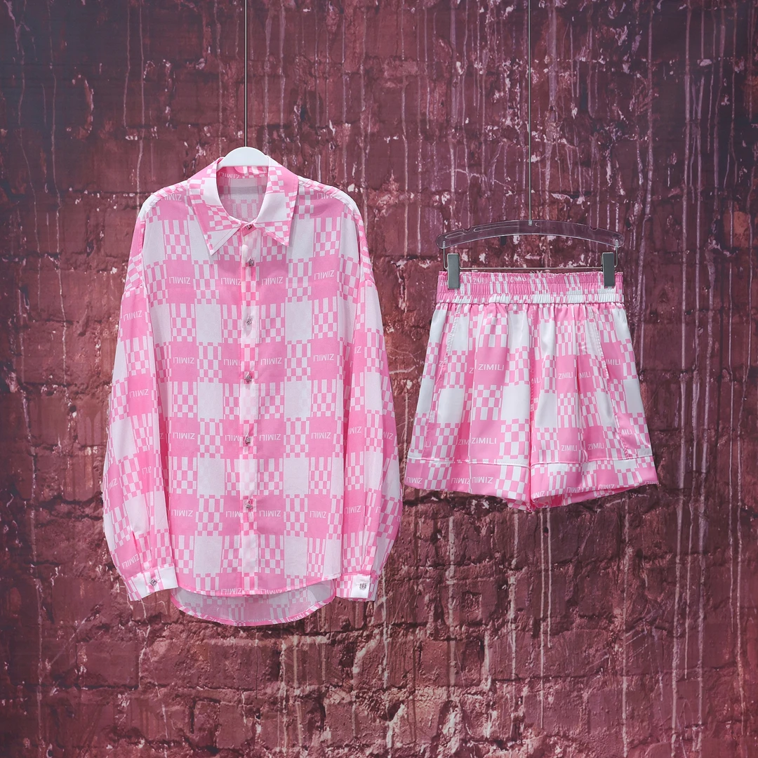 【韩哥女装】夏日新品粉白休闲格纹慵懒风长袖衬衫薄款防晒套装3596