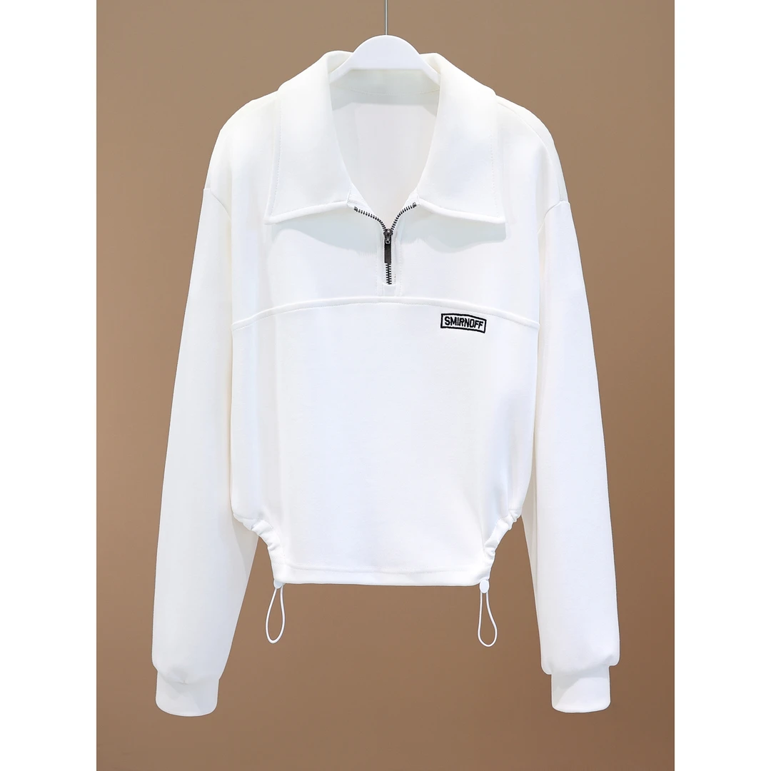 【韩哥女装】秋季极简风穿搭白色鱼骨外包线条感刺绣翻领卫衣1528