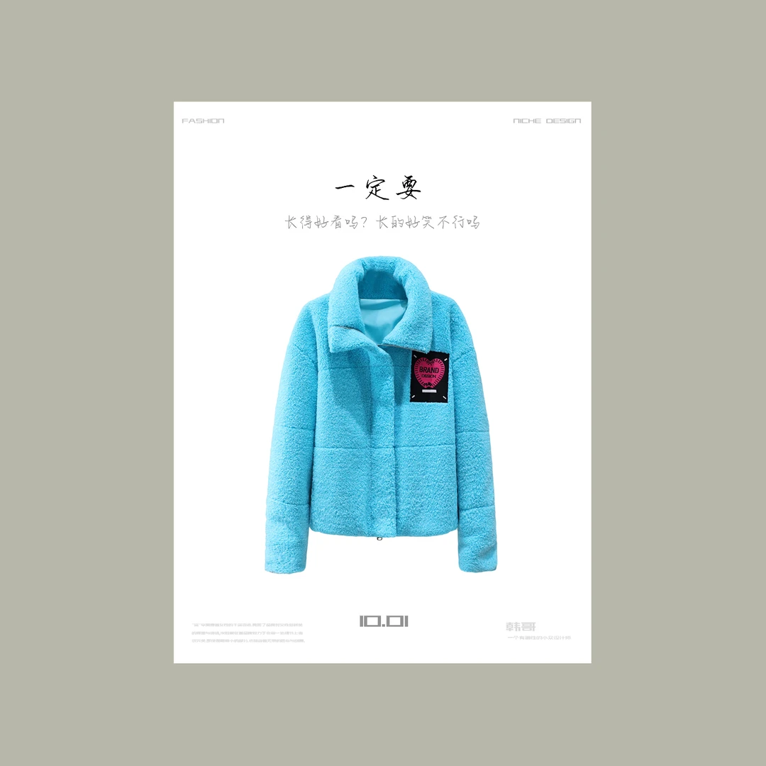 【韩哥女装】2024冬季天蓝色立体贴布刺绣立领羊羔绒外套5100A