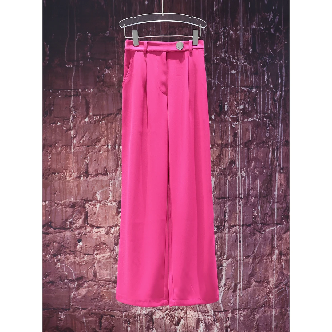 【韩哥女装】2024春季玫红色休闲时尚百搭宽松垂顺高腰阔腿裤365