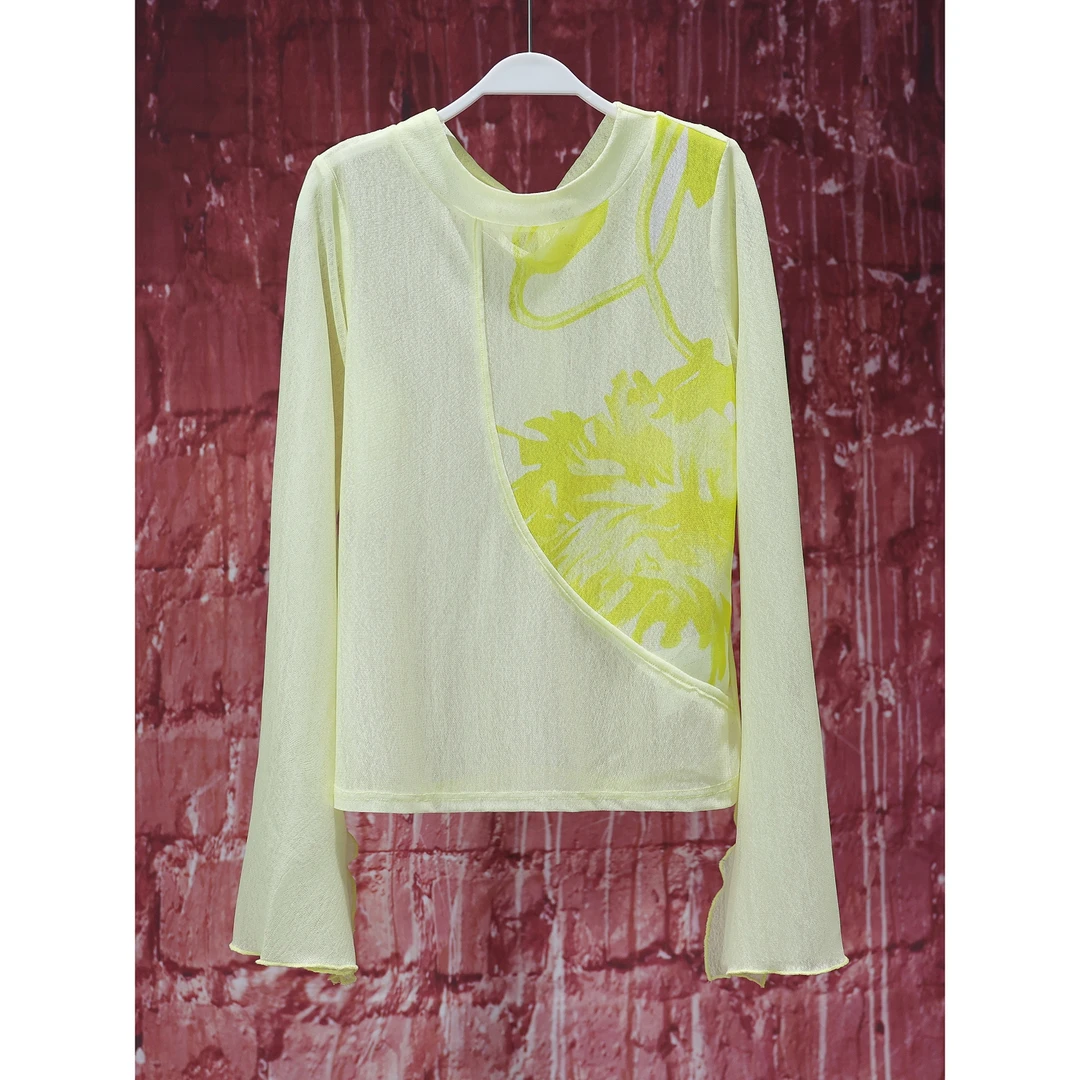 【韩哥女装】夏日冰丝轻薄微透奶油黄时尚断领小众设计防晒上衣3966