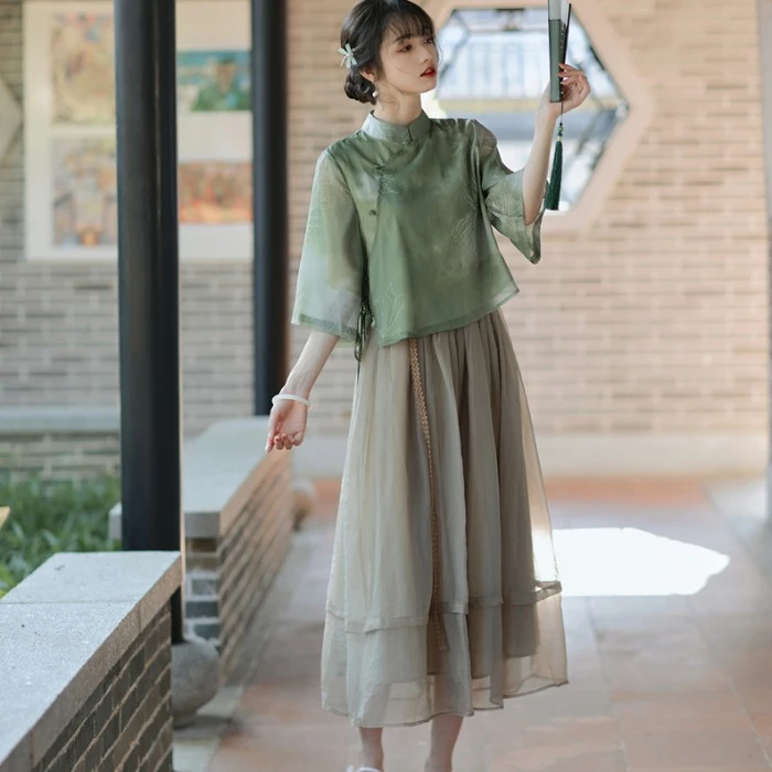 新中式禅意茶服旗袍两件套日常改良汉服文艺国风显瘦温柔连衣裙夏