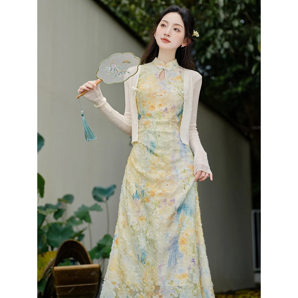 秋季新款新中式烧花收腰显瘦旗袍裙盘扣开衫碎花气质复古法式印花