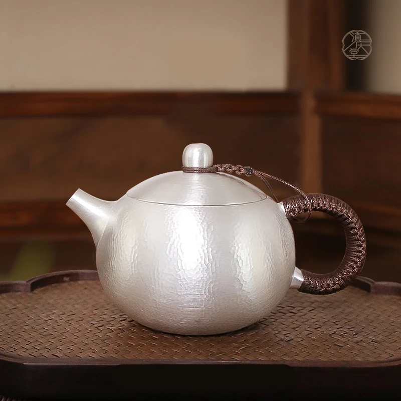 滇庆堂西施纯银泡茶壶999纯手工一张打银壶 足银家用侧把防烫茶具
