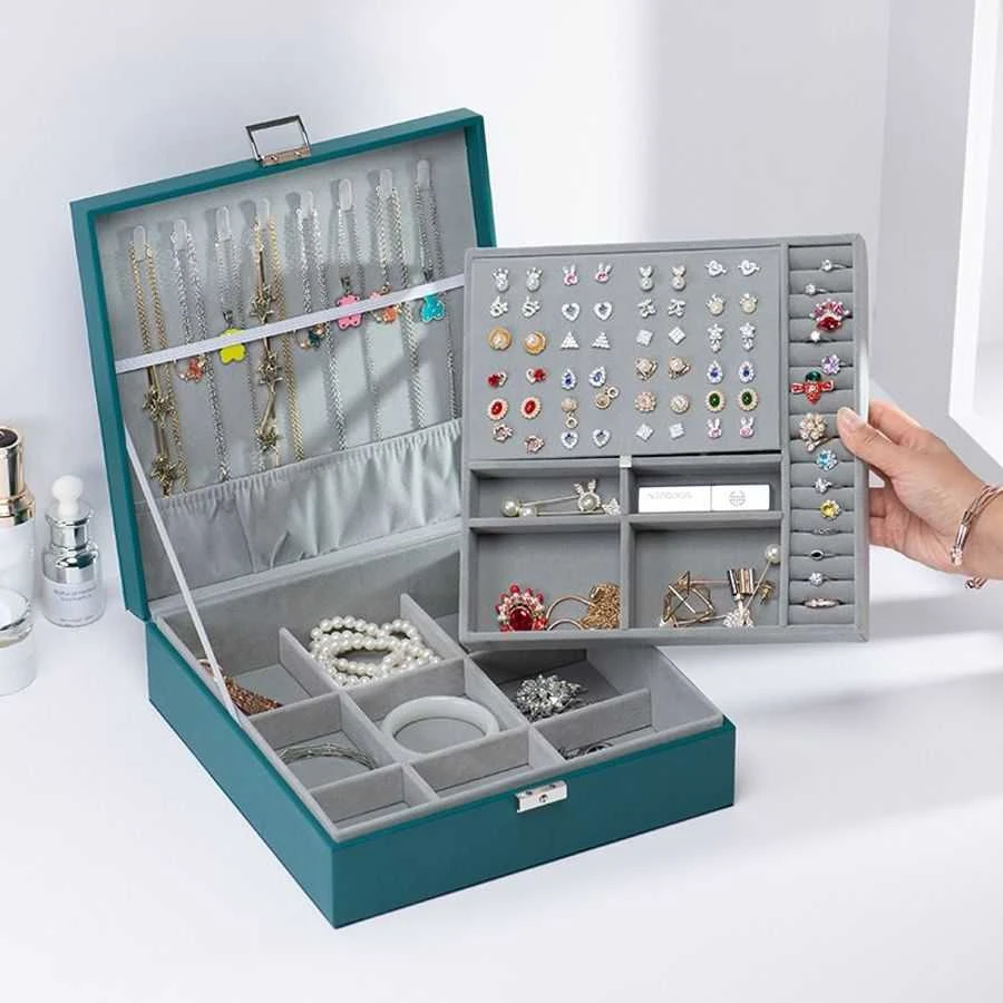 新款首饰盒饰品收纳盒双层带锁珠宝盒耳钉戒指项链整理家用大容量