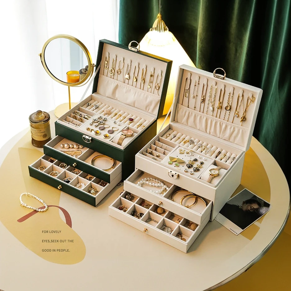 首饰盒收纳盒大容量高档精致有钥匙带锁防氧化抽屉轻奢复古饰品盒