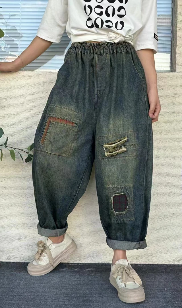 松紧腰牛仔补丁裤80一150可穿